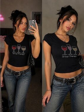 Chris’s Stuff Black Graphic Tee | Wine Glass “Group Therapy” | Rhinestone | Y2K